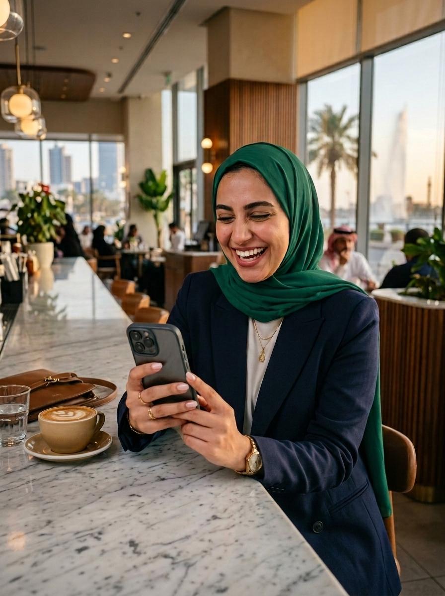 A job seeker in Riyadh smiling as she chats with Wazeefy on WhatsApp